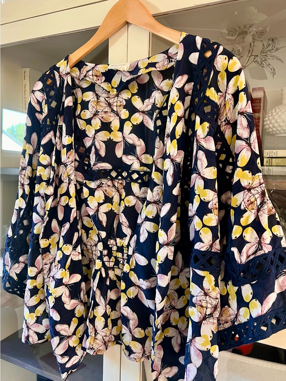 Meadow Rue Silk Navy Floral Kimono with Crochet Trim